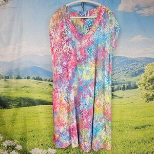 Hand Kreation XL Colorful Boho Hippie V-Neck Dress Pockets A Line Womens Knee